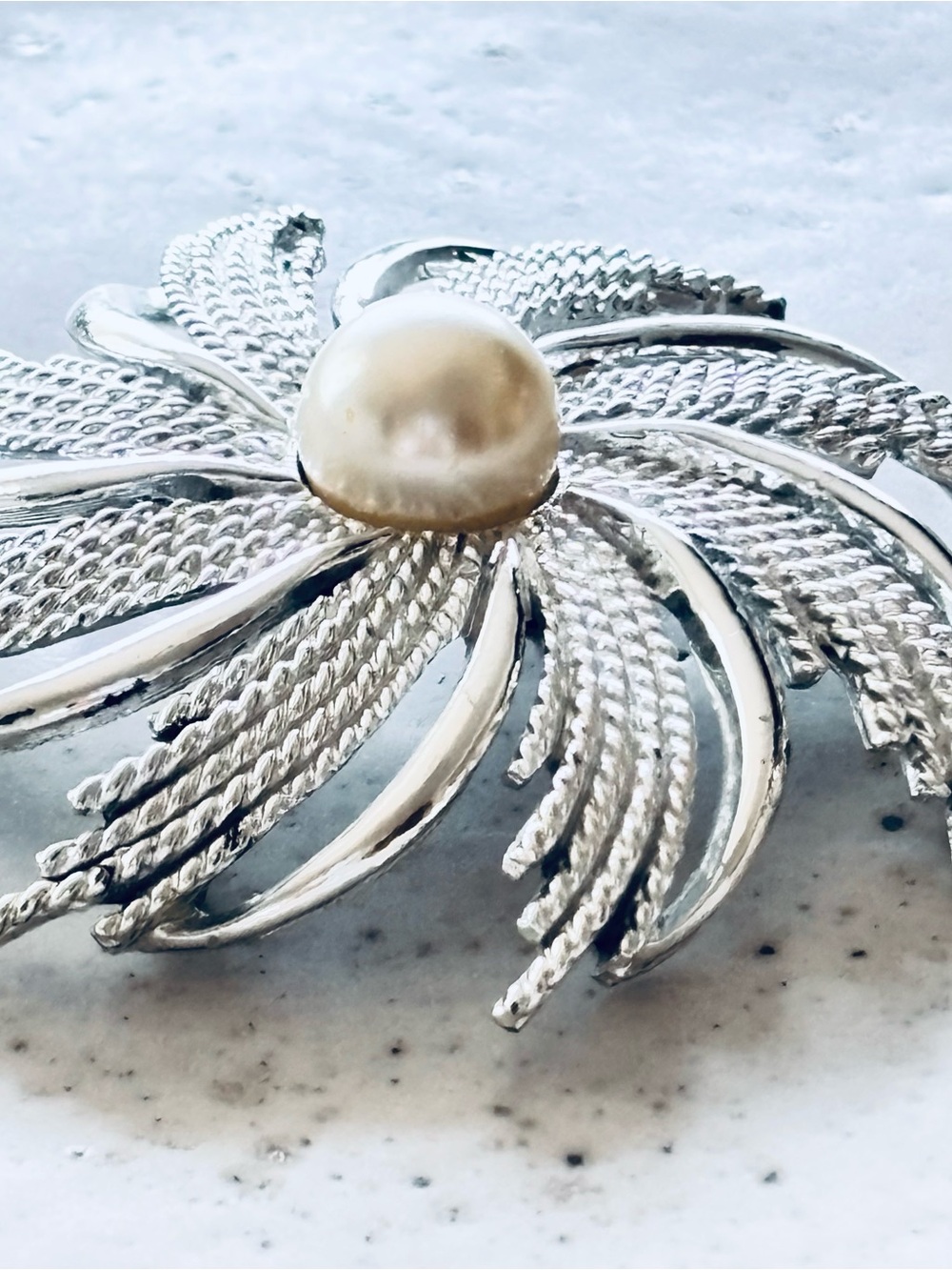 Sarah Coventry Silver Floral Brooch with Cream Pearl Center Maximalist